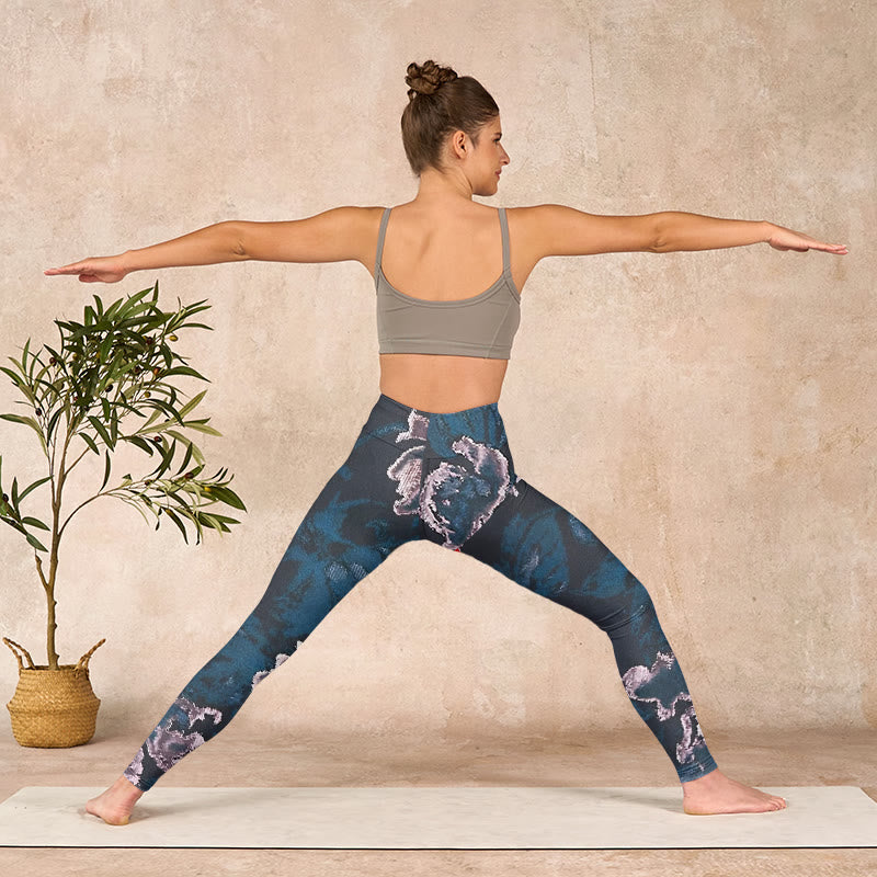 Buddha Stonesスチールブルー シルバーフラワープリント エクササイズレギンス レディース ヨガパンツ - image 10