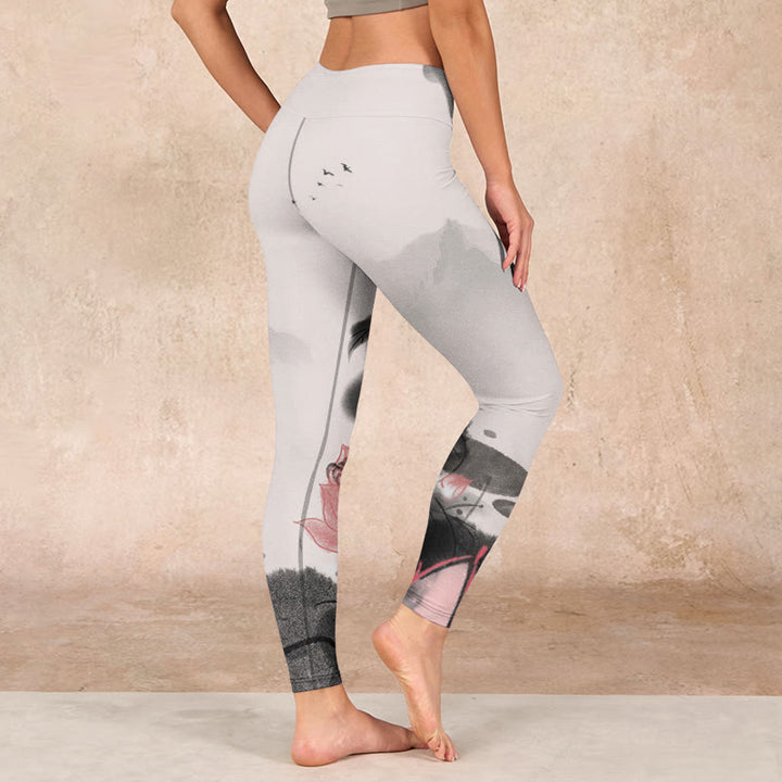 Buddha Stones水墨画 蓮の花 葉 プリント ジム フィットネス レギンス レディース ヨガパンツ - image 2