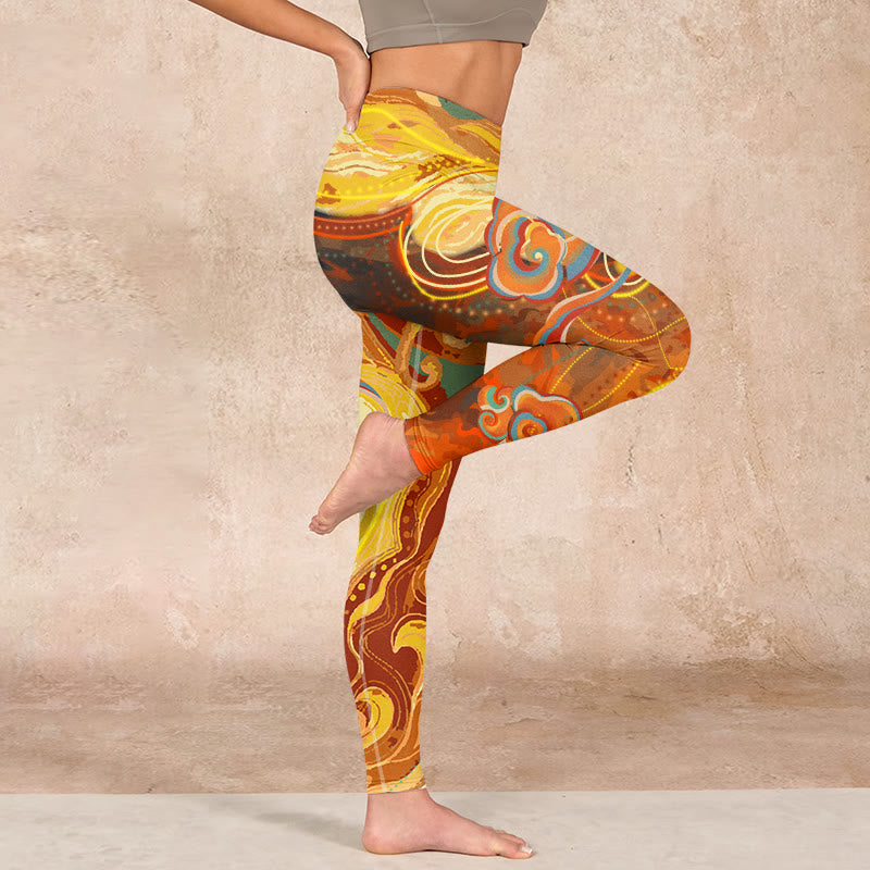 Buddha Stonesと黄金の縁起の良い雲の波模様プリントのジムレギンス レディース ヨガパンツ - image 16
