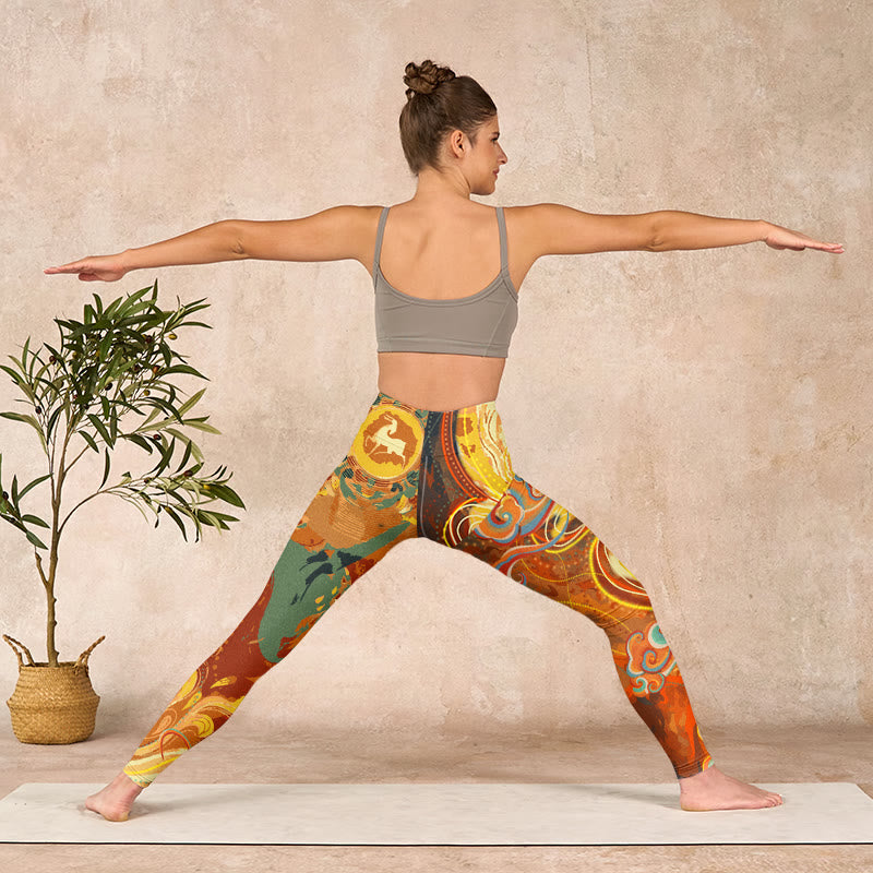 Buddha Stonesと黄金の縁起の良い雲の波模様プリントのジムレギンス レディース ヨガパンツ - image 11