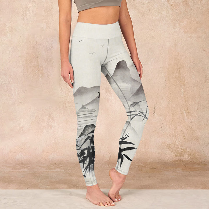 Buddha Stones、インク、竹山プリントのジムレギンス、レディースヨガパンツ - image 0