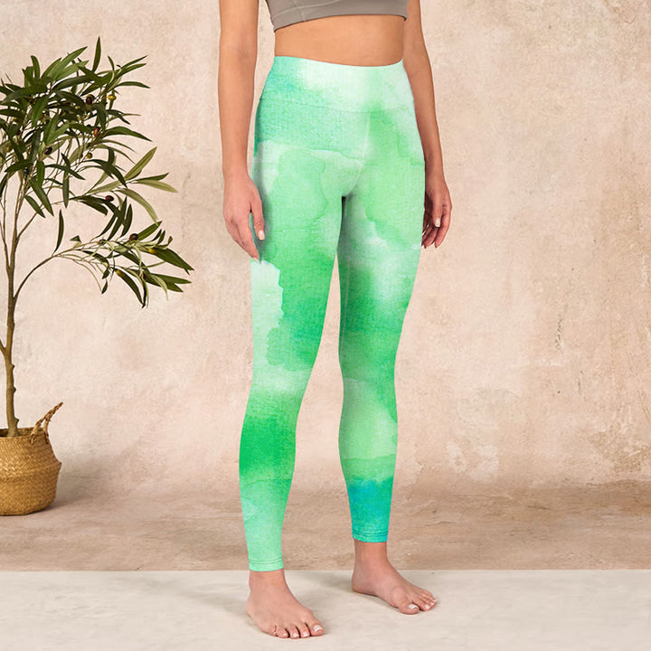 Buddha Stonesグリーン インクウォッシュ柄 ジムレギンス レディース ヨガパンツ - image 4