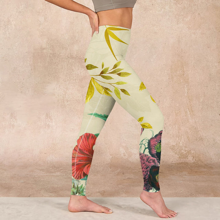 Buddha Stones、黄金の緑の葉、カラフルな花のジムレギンス、レディースヨガパンツ - image 17