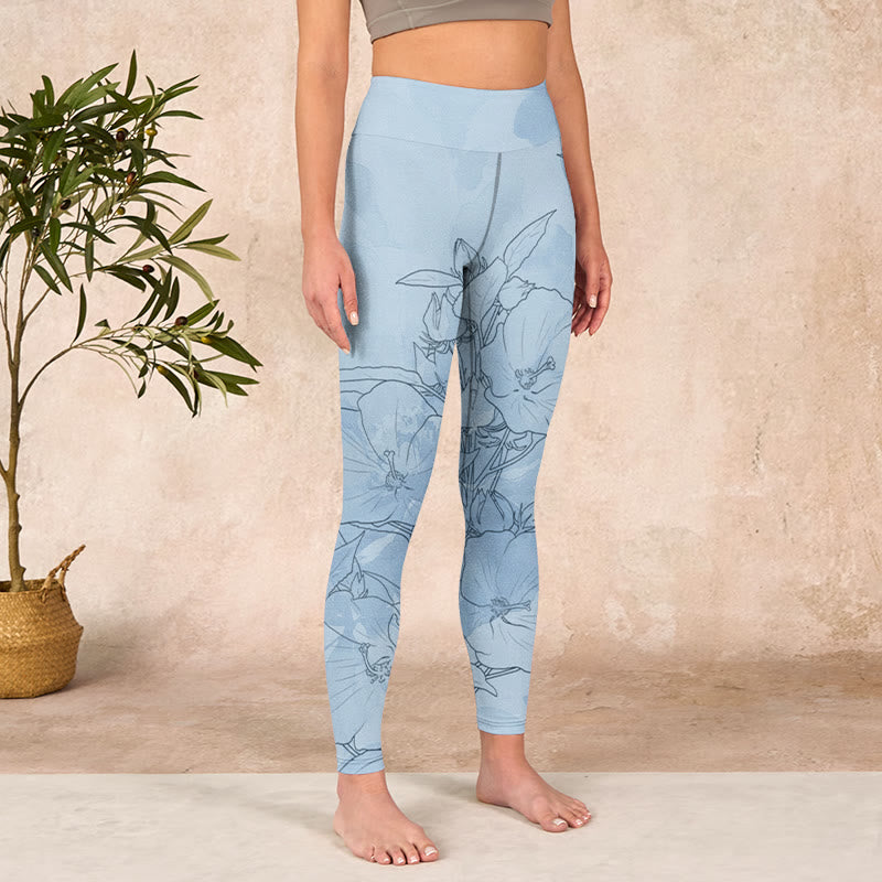 Buddha Stonesブルーフラワー スケッチプリント スポーツレギンス レディース ヨガパンツ - image 4