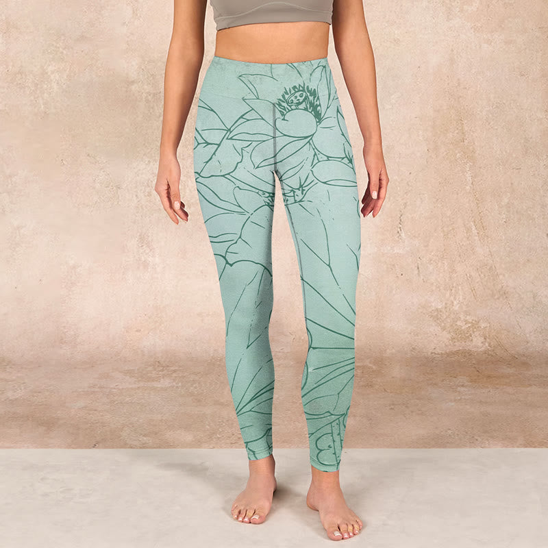 Buddha Stonesグリーン ロータス フラワー プリント スポーツ レギンス レディース ヨガパンツ - image 1