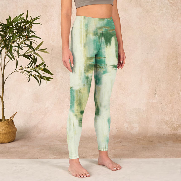 Buddha Stonesベージュグリーン タイダイプリント エクササイズレギンス レディース ヨガパンツ - image 3