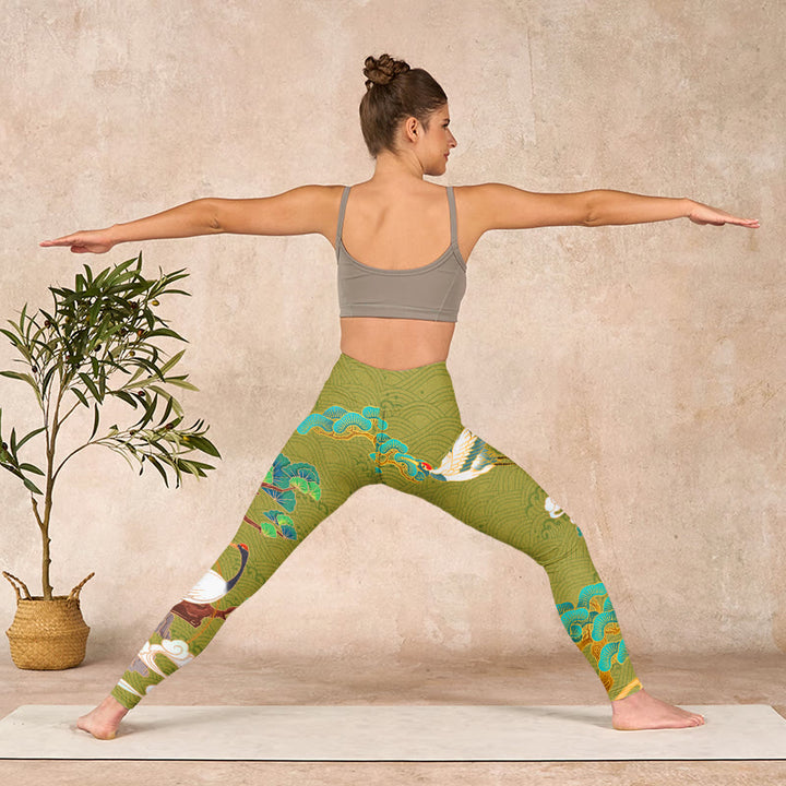 Buddha Stones、飛翔する鶴、吉兆の雲、木々のプリントジムレギンス、レディースヨガパンツ - image 11