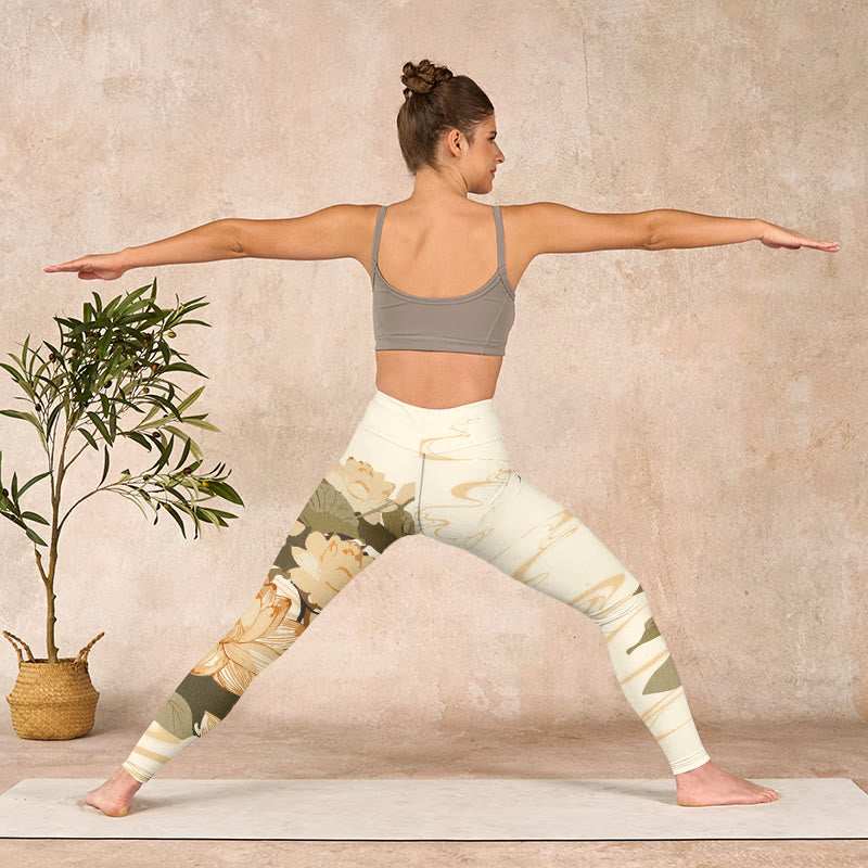 Buddha Stonesベージュ ロータスフラワープリント ジム フィットネス レギンス レディース ヨガパンツ - image 10