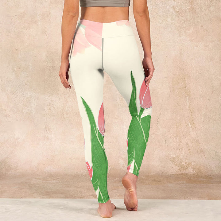 Buddha Stonesピンク チューリップ フラワープリント ジム フィットネス レギンス レディース ヨガパンツ - image 14