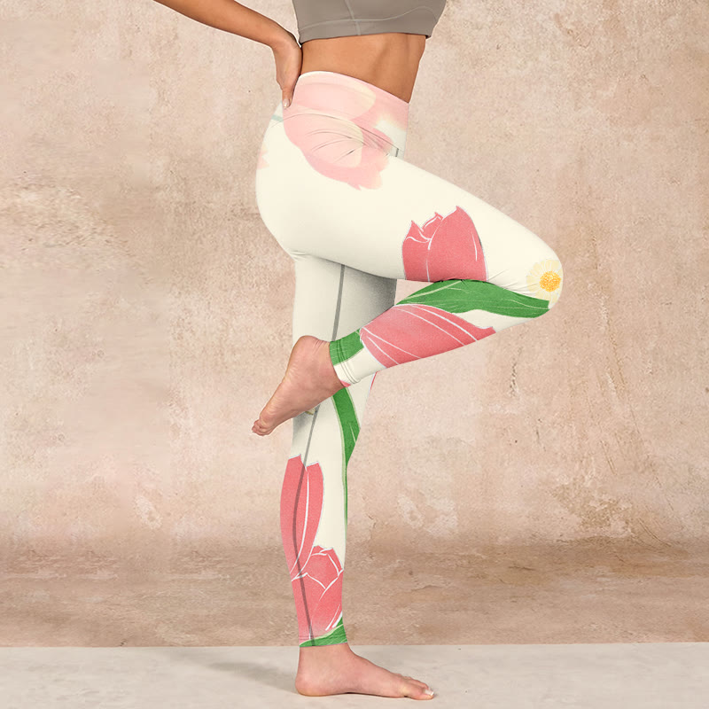 Buddha Stonesピンク チューリップ フラワープリント ジム フィットネス レギンス レディース ヨガパンツ - image 15