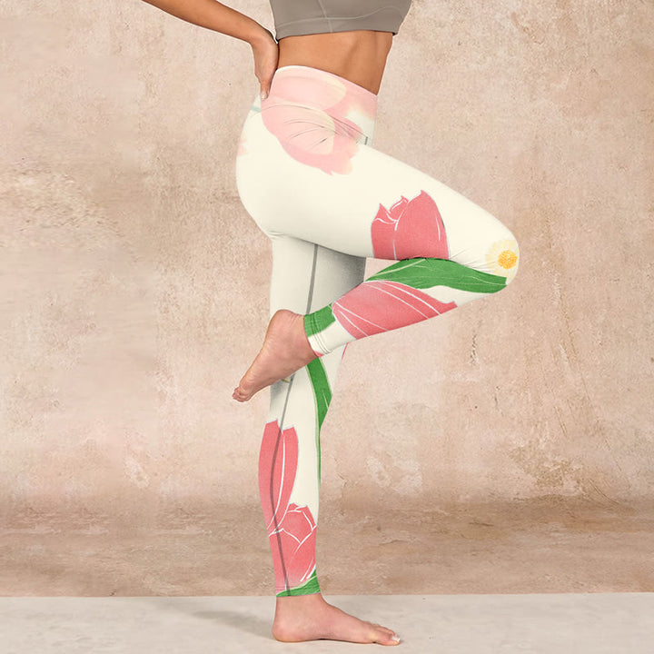 Buddha Stonesピンク チューリップ フラワープリント ジム フィットネス レギンス レディース ヨガパンツ - image 15