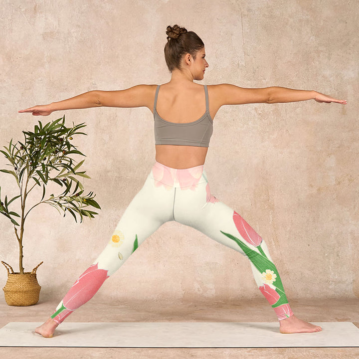 Buddha Stonesピンク チューリップ フラワープリント ジム フィットネス レギンス レディース ヨガパンツ - image 10