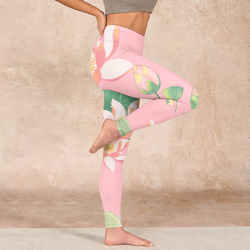 Buddha Stonesピンク 蓮の花 葉 プリント ジム フィットネス レギンス レディース ヨガパンツ - image 15