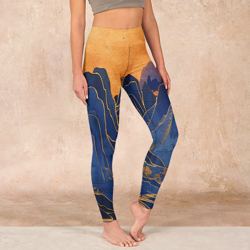 Buddha Stonesダークブルー マウンテンサンセットプリント フィットネスレギンス レディース ヨガパンツ - image 0