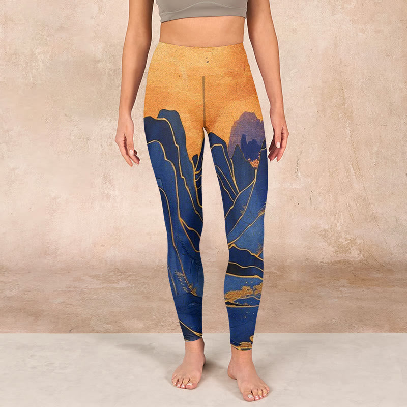 Buddha Stonesダークブルー マウンテンサンセットプリント フィットネスレギンス レディース ヨガパンツ - image 1