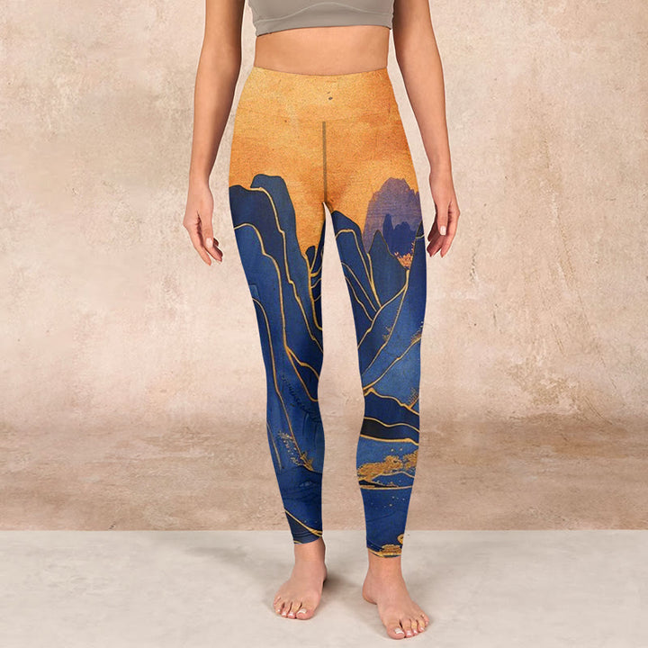 Buddha Stonesダークブルー マウンテンサンセットプリント フィットネスレギンス レディース ヨガパンツ - image 1