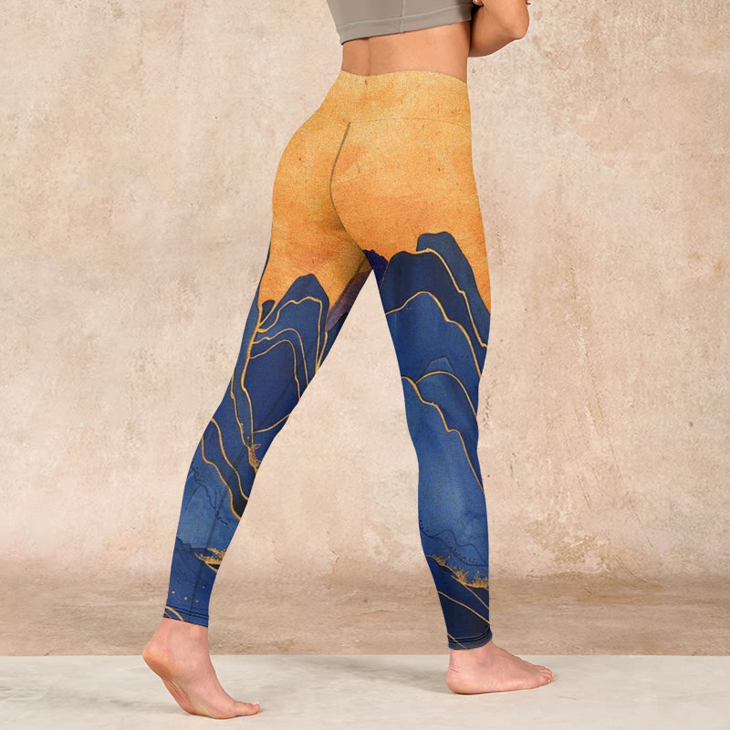 Buddha Stonesダークブルー マウンテンサンセットプリント フィットネスレギンス レディース ヨガパンツ - image 4