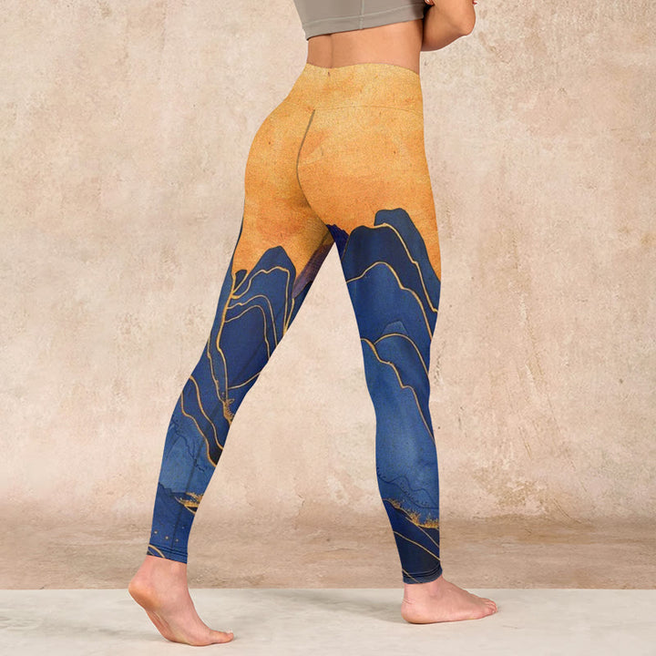 Buddha Stonesダークブルー マウンテンサンセットプリント フィットネスレギンス レディース ヨガパンツ - image 4