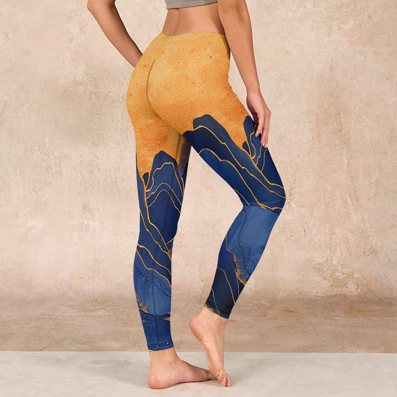 Buddha Stonesダークブルー マウンテンサンセットプリント フィットネスレギンス レディース ヨガパンツ - image 2