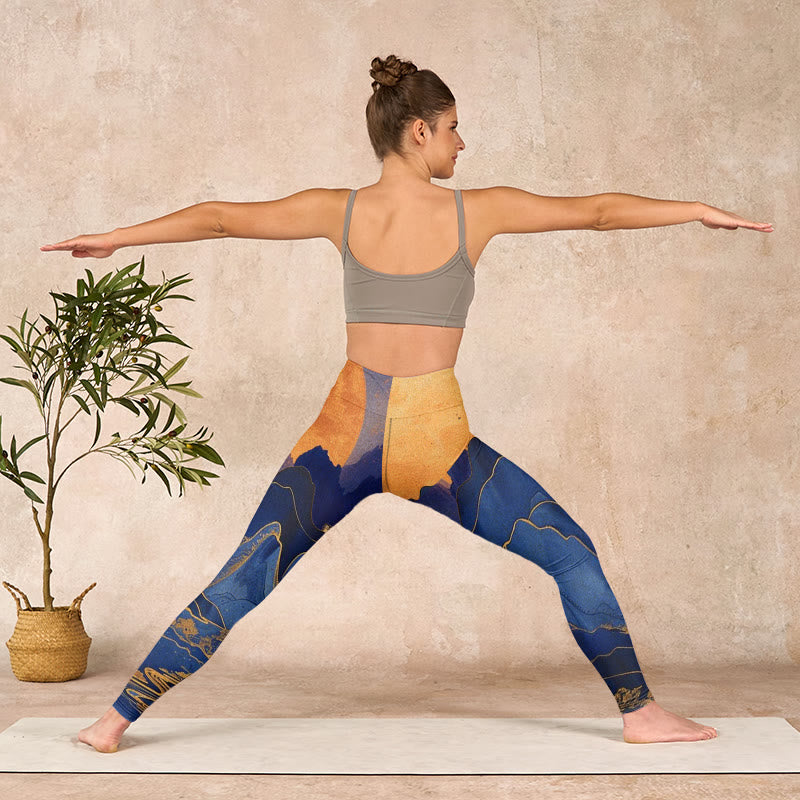 Buddha Stonesダークブルー マウンテンサンセットプリント フィットネスレギンス レディース ヨガパンツ - image 10