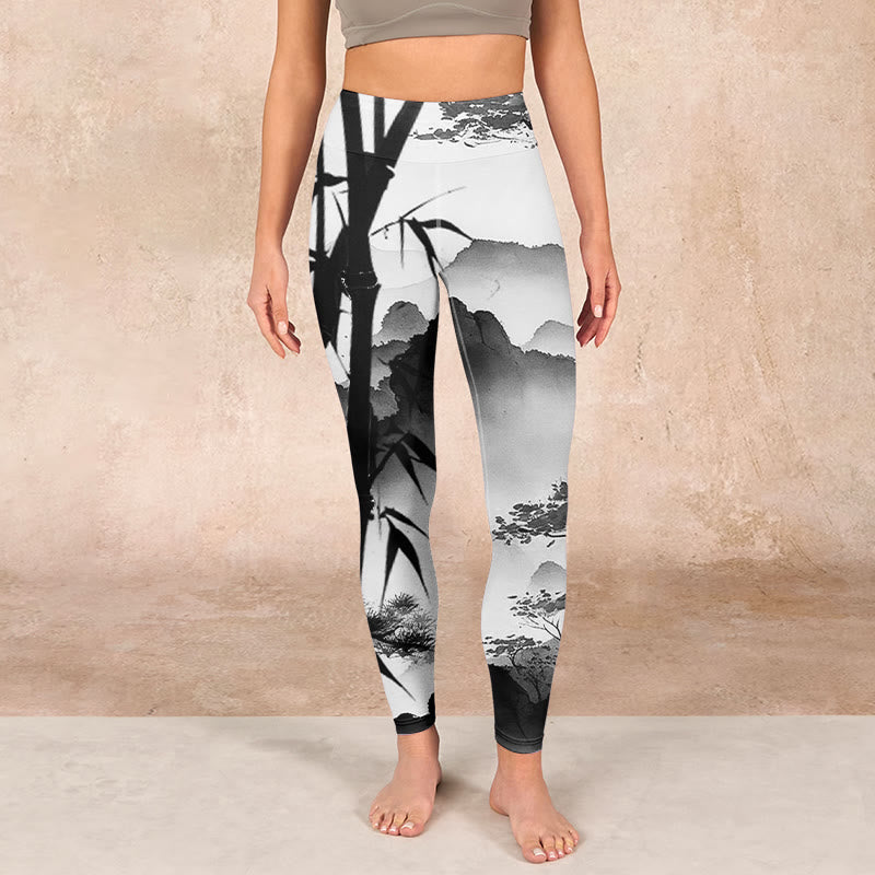 Buddha Stones水墨画 竹 松 山の風景 プリント ジムレギンス レディース ヨガパンツ - image 1