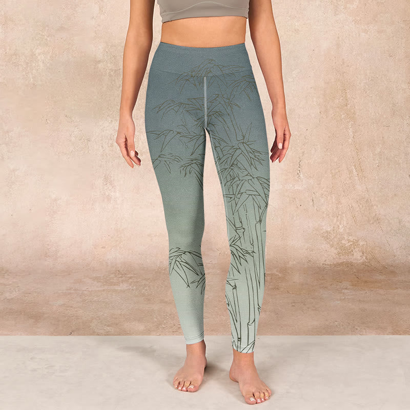 Buddha Stonesと竹の葉のスケッチプリントのスポーツレギンスレディースヨガパンツ - image 1