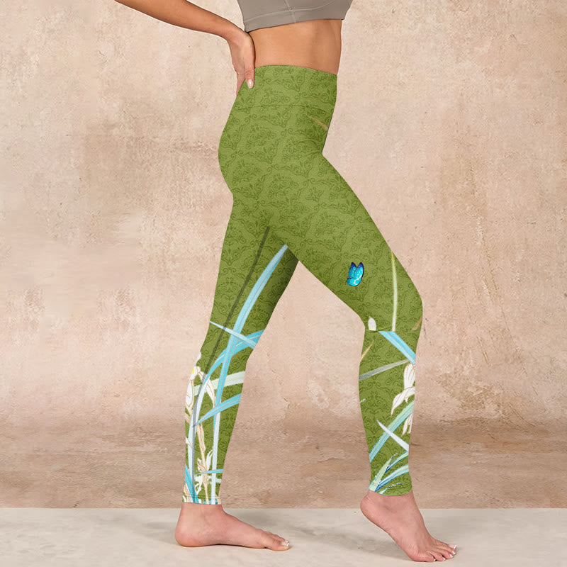 Buddha Stones、グリーン、蝶、蘭の花柄プリント、ジムレギンス、レディースヨガパンツ - image 17