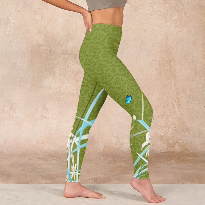 Buddha Stones、グリーン、蝶、蘭の花柄プリント、ジムレギンス、レディースヨガパンツ - image 17