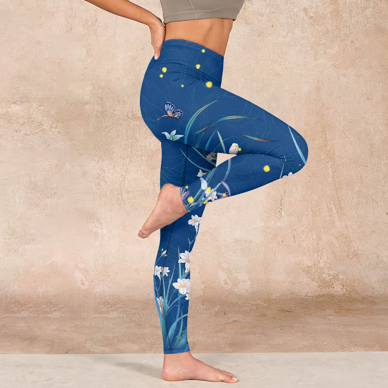 Buddha Stonesスチールブルー 小さな白い花と蝶のエクササイズレギンス レディース ヨガパンツ - image 15