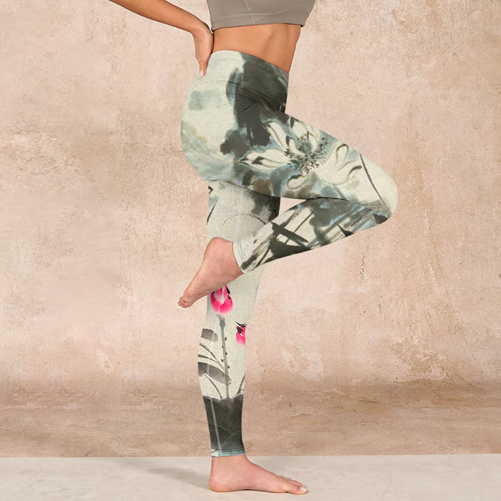 Buddha Stones、蓮、竹の葉プリントのジムレギンス、レディースヨガパンツ - image 16