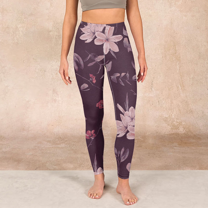 Buddha Stones、紫、白、花、葉、花柄プリント、ジムフィットネスレギンス、レディースヨガパンツ - image 1