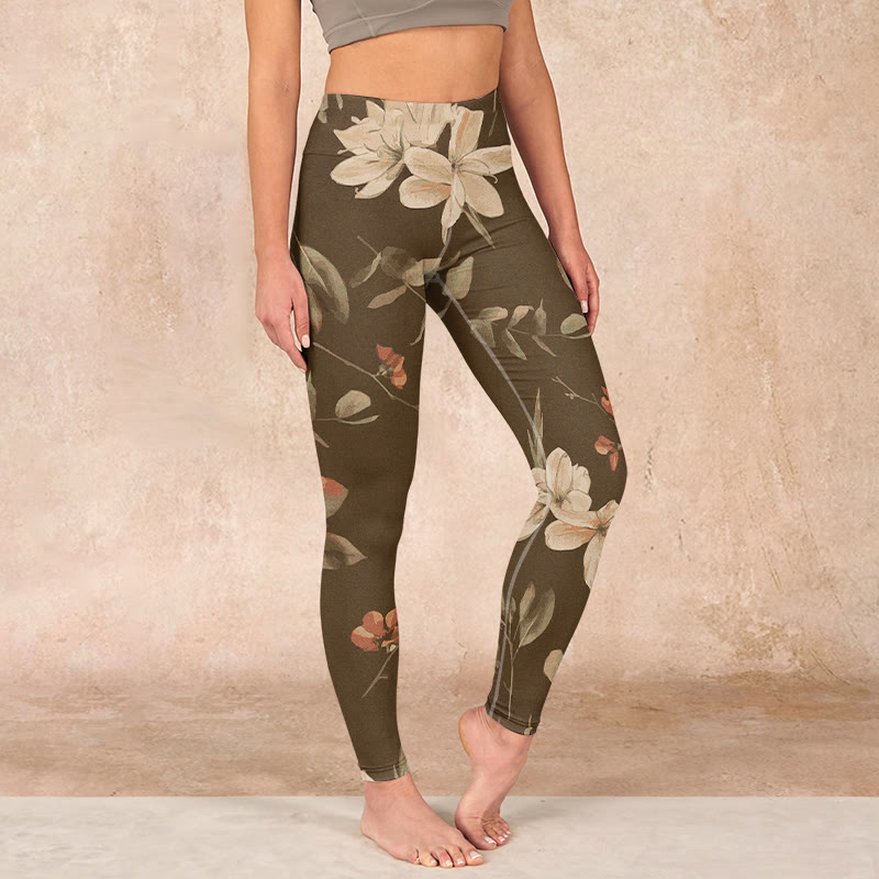 Buddha Stones、紫、白、花、葉、花柄プリント、ジムフィットネスレギンス、レディースヨガパンツ - ダークカーキ - US18、 UK/AU22、 EU50 (4XL) - image 18