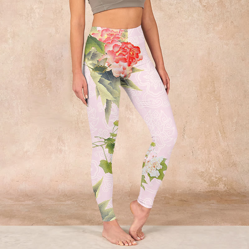 Buddha Stones、ハイビスカスの花と葉のプリントジムレギンス、レディースヨガパンツ - ピンク - US18、 UK/AU22、 EU50 (4XL) - image 1