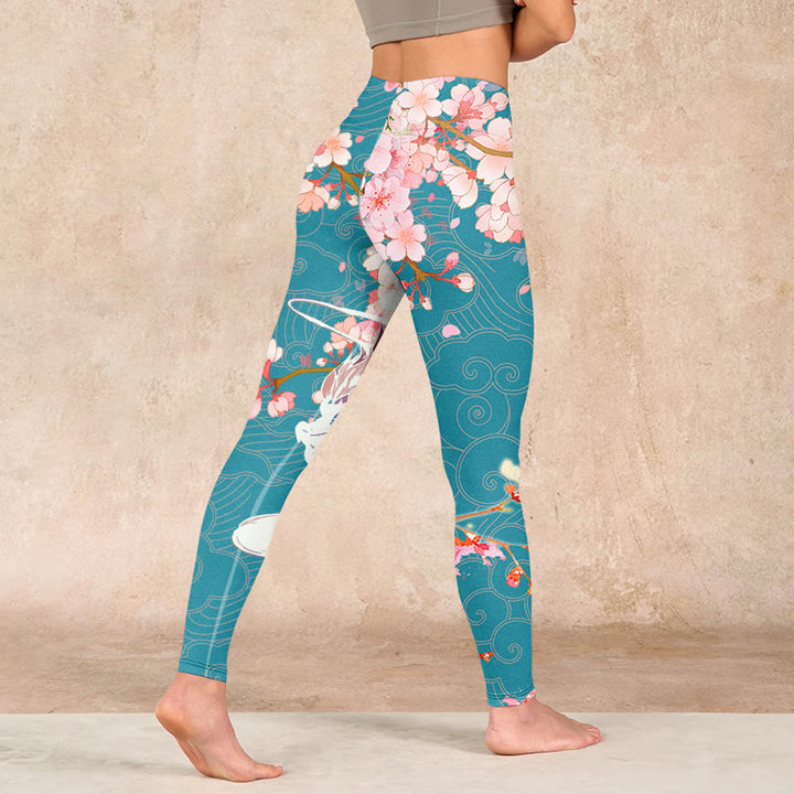 Buddha Stonesと龍、桜のプリントジムレギンス、レディースヨガパンツ - image 4