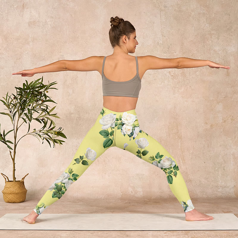 Buddha Stonesイエロー ホワイト ローズプリント スポーツレギンス レディース ヨガパンツ - image 10