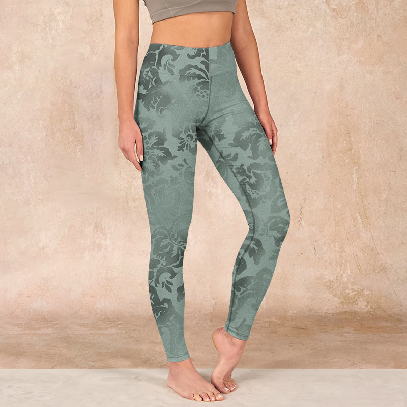 Buddha Stonesカジュアル 花柄 葉っぱプリント ジム フィットネス レギンス レディース ヨガパンツ - ダークシーグリーン - US18、 UK/AU22、 EU50 (4XL) - image 0