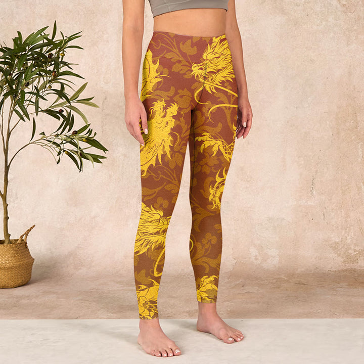 Buddha Stonesと黄金龍の花柄プリントのジムレギンス レディース ヨガパンツ - image 4