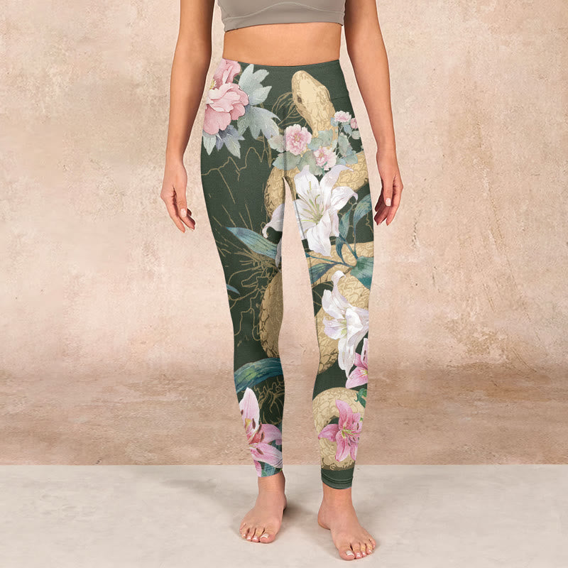 Buddha Stones、グリーン、ゴールデン、スネーク、ユリ、牡丹の花のプリントジムレギンス、レディースヨガパンツ - image 1
