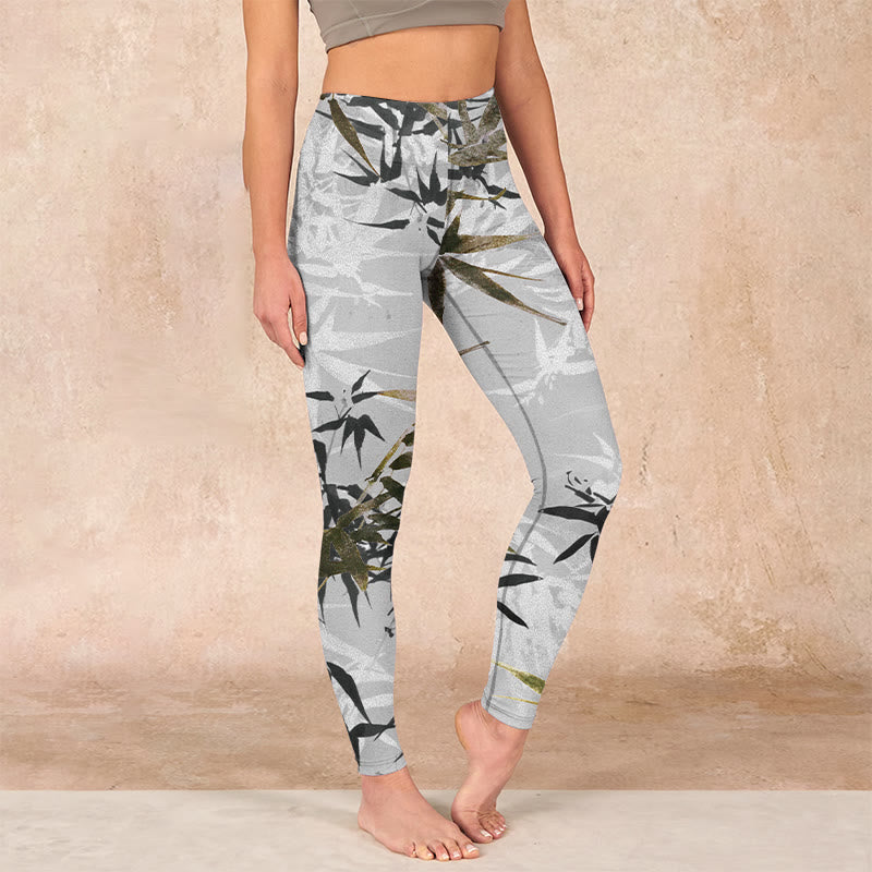 Buddha Stonesダークグレー 竹の葉柄 ジムレギンス レディース ヨガパンツ - ダークグレー - US18、 UK/AU22、 EU50 (4XL) - image 1