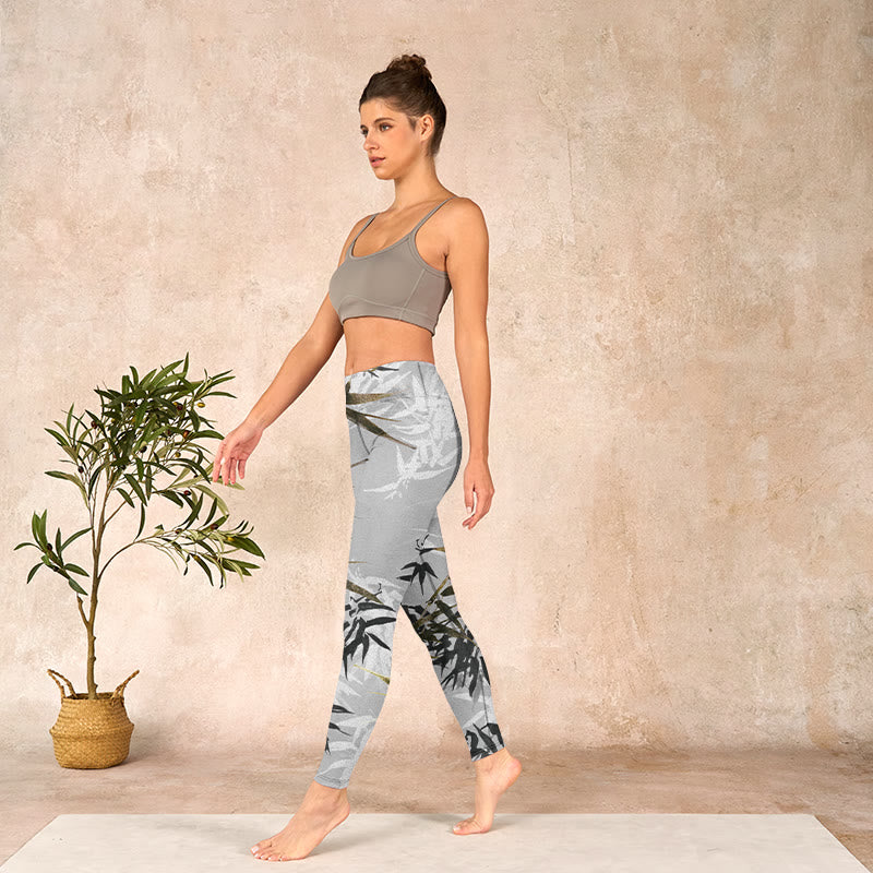 Buddha Stonesダークグレー 竹の葉柄 ジムレギンス レディース ヨガパンツ - image 13
