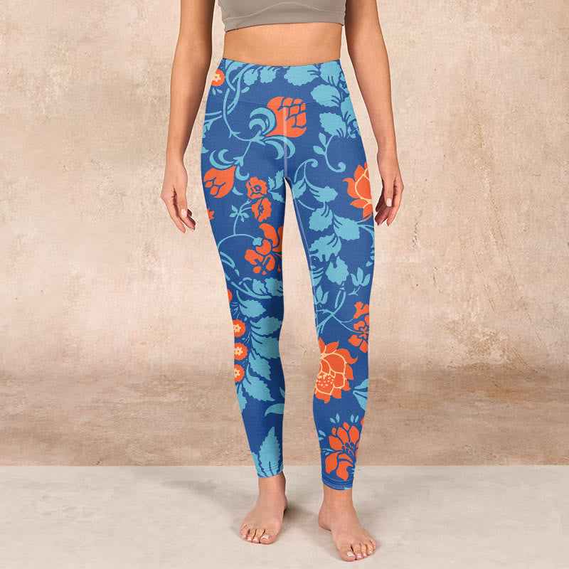 Buddha Stones、スチールブルー、レッド、チューリップ、花、葉のプリントジムレギンス、レディースヨガパンツ - image 1