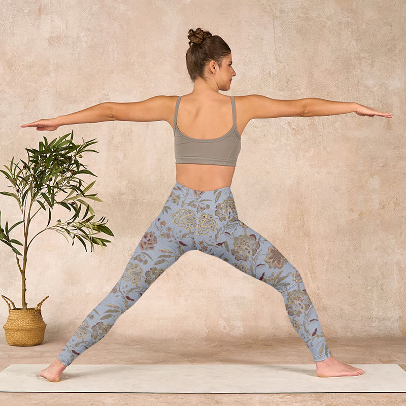 Buddha Stones、グレー、緑の葉、花柄プリントのジムレギンス、レディースヨガパンツ - image 11