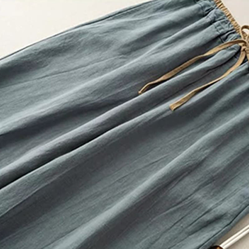 レディース コットンリネン ワイドパンツ 無地 ポケット付き ウエスト紐 カジュアル Buddha Stones - image 1