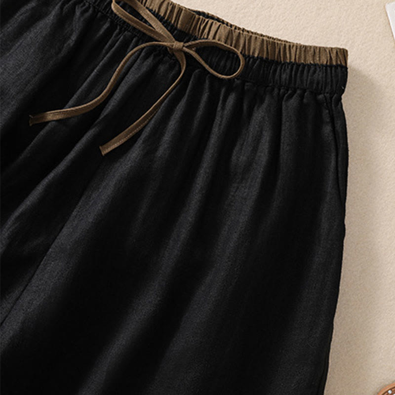 Buddha Stones無地 コントラストカラー ウエスト レースアップ コットンリネン レディース ショートパンツ ポケット付き - image 10