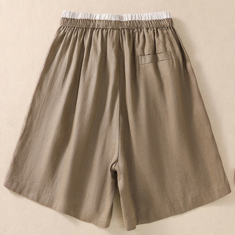 Buddha Stones無地 コントラストカラー ウエスト レースアップ コットンリネン レディース ショートパンツ ポケット付き - image 2