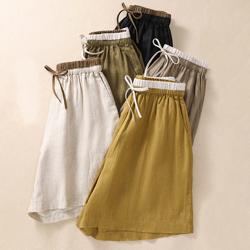 Buddha Stones無地 コントラストカラー ウエスト レースアップ コットンリネン レディース ショートパンツ ポケット付き - image 22