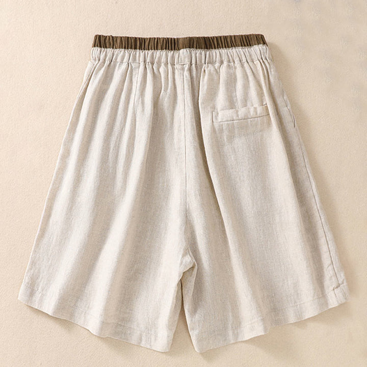 Buddha Stones無地 コントラストカラー ウエスト レースアップ コットンリネン レディース ショートパンツ ポケット付き - image 4