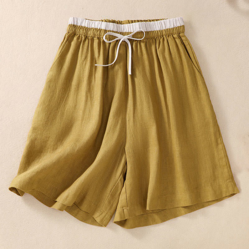Buddha Stones無地 コントラストカラー ウエスト レースアップ コットンリネン レディース ショートパンツ ポケット付き - image 21