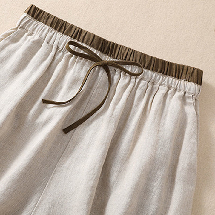 Buddha Stones無地 コントラストカラー ウエスト レースアップ コットンリネン レディース ショートパンツ ポケット付き - image 5