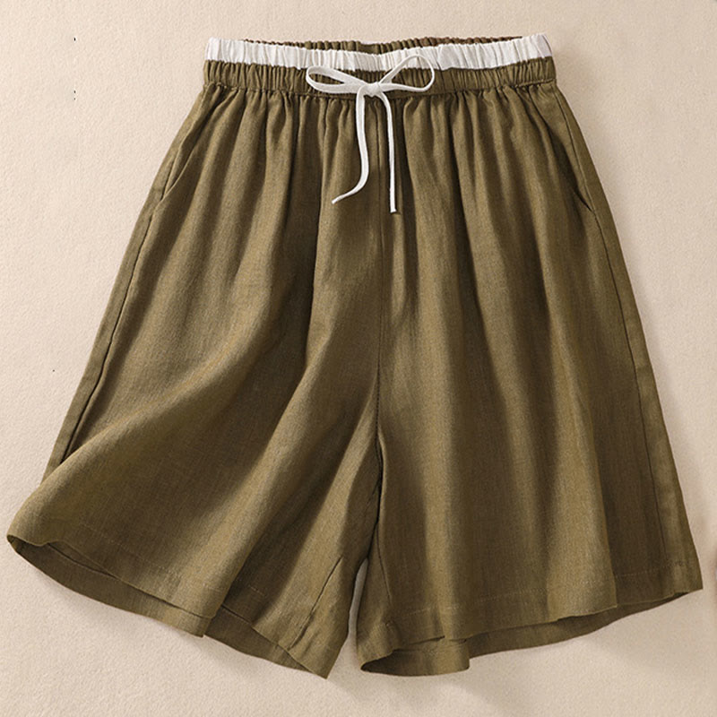 Buddha Stones無地 コントラストカラー ウエスト レースアップ コットンリネン レディース ショートパンツ ポケット付き - image 13